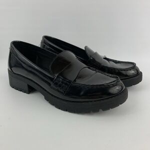 Old Navy Woman Black Faux Patent Leather Chunky Heel Loafers Size 7.5